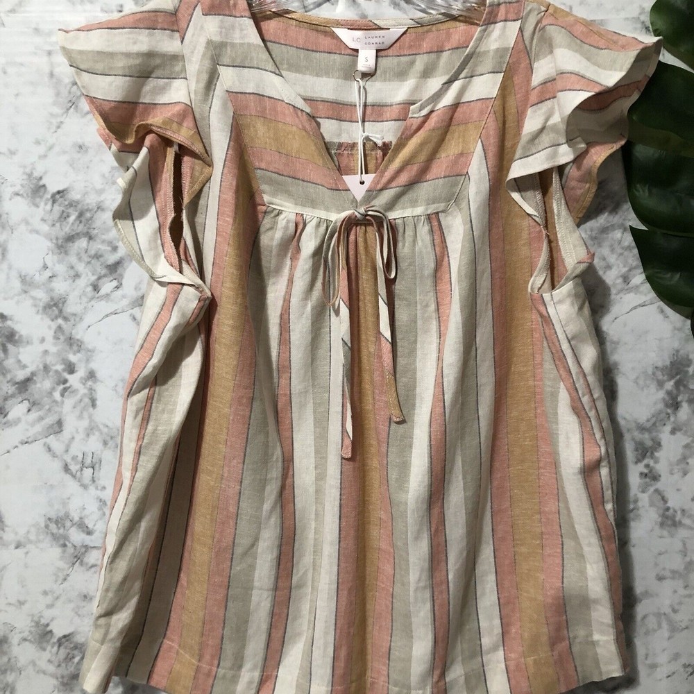Lauren Conrad Short Sleeve Blouse Womens Size Small Stripe Linen